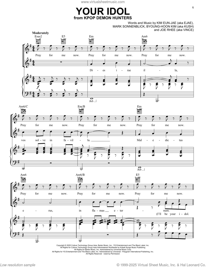 Your Idol (from KPop Demon Hunters) sheet music for voice, piano or guitar by Saja Boys, Byoung-hoon Kim (aka Kush), Joe Rhee (aka Vince), Kim Eun-jae (aka EJAE) and Mark Sonnenblick, intermediate skill level