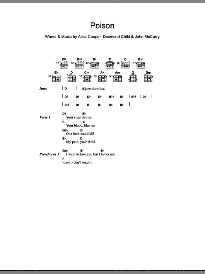 Poison sheet music for guitar (chords) by Alice Cooper, Desmond Child and John McCurry, intermediate skill level