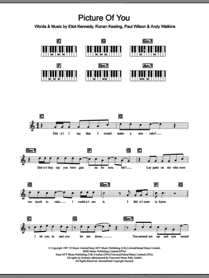 Picture Of You sheet music for piano solo (chords, lyrics, melody) by Boyzone, Andy Watkins, Eliot Kennedy, Paul Wilson and Ronan Keating, intermediate piano (chords, lyrics, melody)