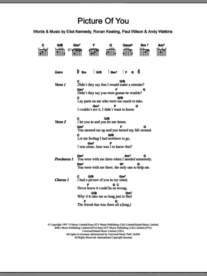 Picture Of You sheet music for guitar (chords) by Boyzone, Andy Watkins, Eliot Kennedy, Paul Wilson and Ronan Keating, intermediate skill level