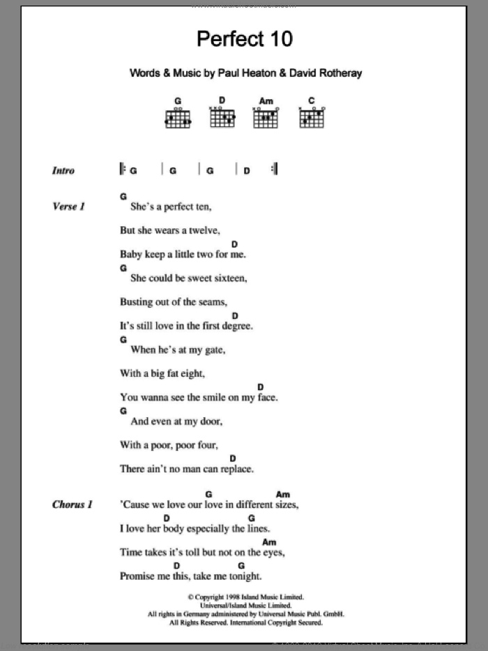 Perfect 10 sheet music for guitar (chords) by The Beautiful South, Beautiful South, David Rotheray and Paul Heaton, intermediate skill level