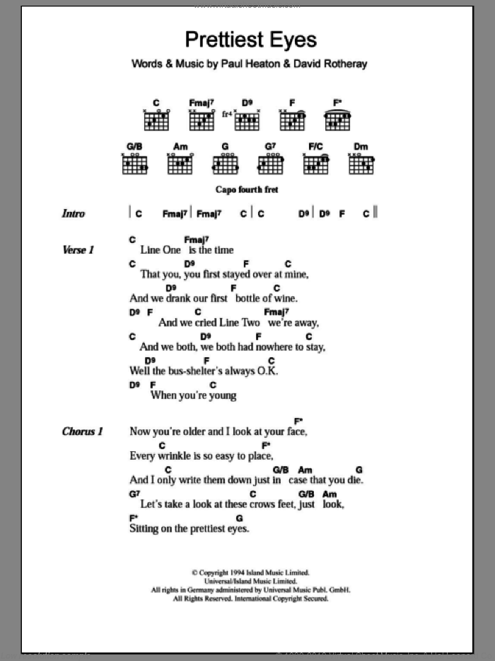 Prettiest Eyes sheet music for guitar (chords) by The Beautiful South, Beautiful South, David Rotheray and Paul Heaton, intermediate skill level