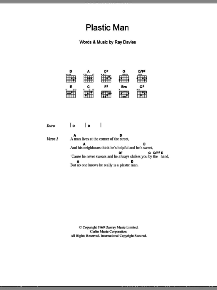 Plastic Man sheet music for guitar (chords) by The Kinks and Ray Davies, intermediate skill level