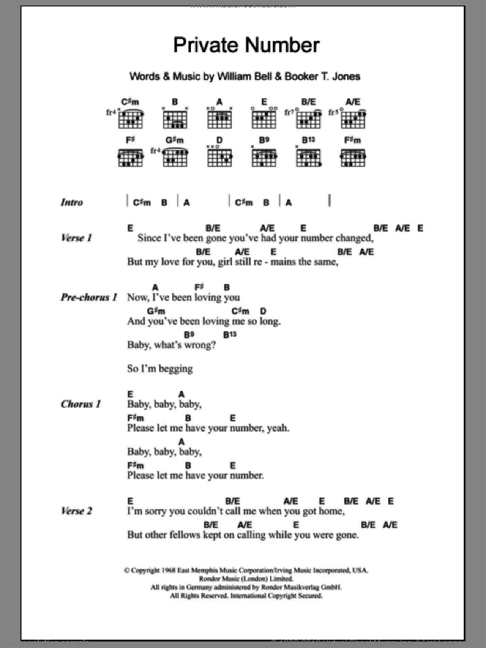 Private Number sheet music for guitar (chords) by The Supremes, Booker T. Jones and William Bell, intermediate skill level