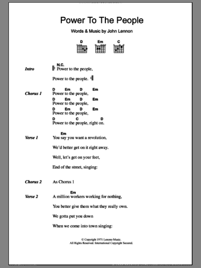 Power To The People sheet music for guitar (chords) by John Lennon, intermediate skill level