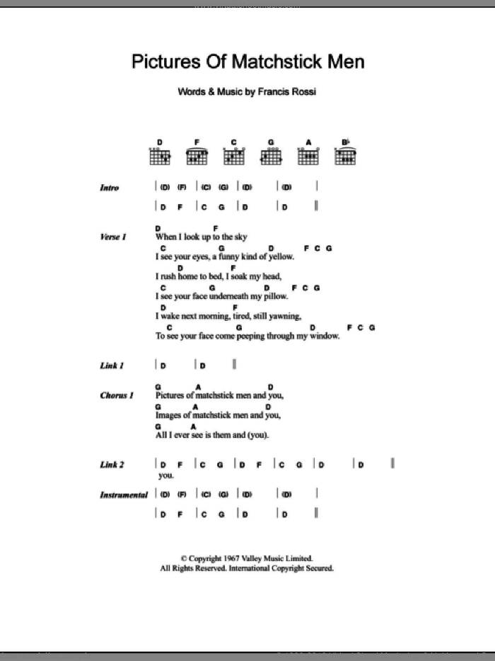 Pictures Of Matchstick Men sheet music for guitar (chords) by Status Quo, The Status Quo and Francis Rossi, intermediate skill level