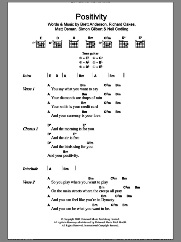 Positivity sheet music for guitar (chords) by Suede, Brett Anderson, Matt Osman, Neil Codling, Richard Oakes and Simon Gilbert, intermediate skill level