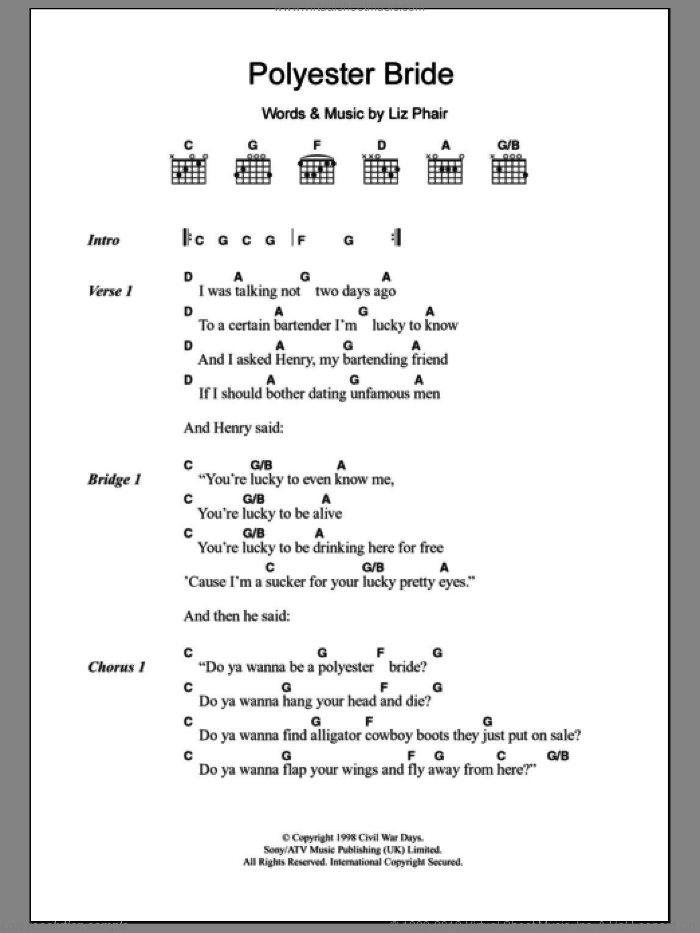 Polyester Bride sheet music for guitar (chords) by Liz Phair, intermediate skill level