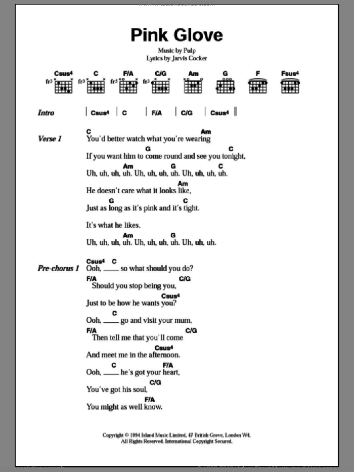 Pink Glove sheet music for guitar (chords) by Pulp and Jarvis Cocker, intermediate skill level