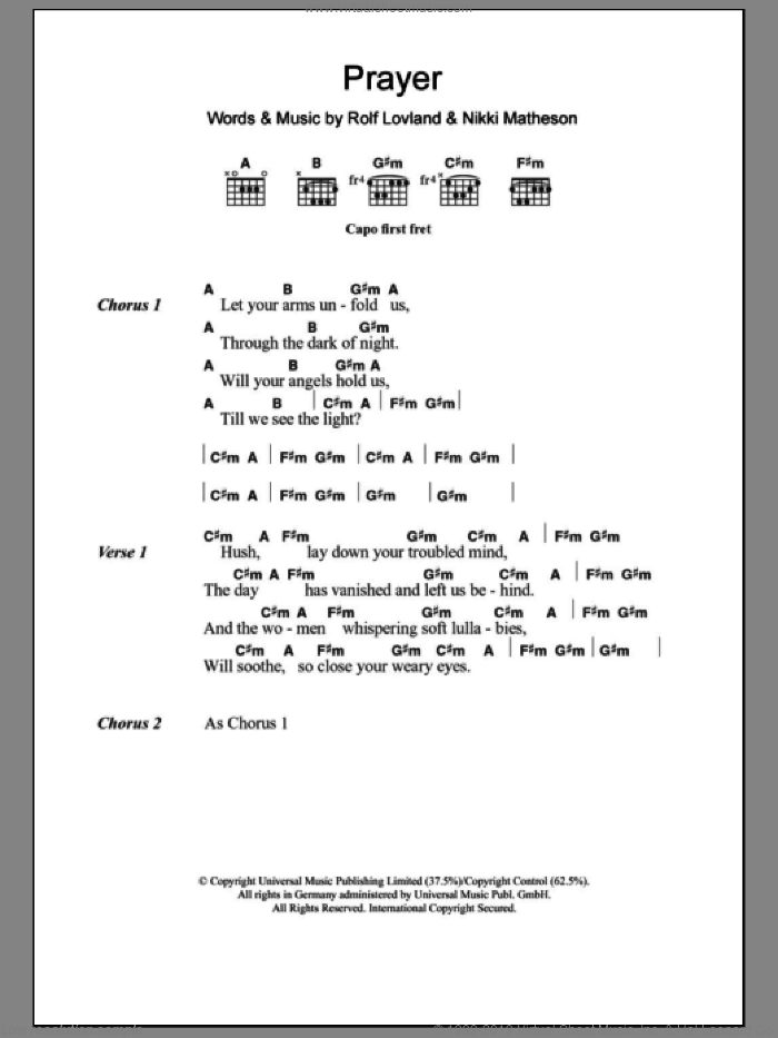 Prayer sheet music for guitar (chords) by Karen Matheson, Nikki Matheson and Rolf Lovland, intermediate skill level