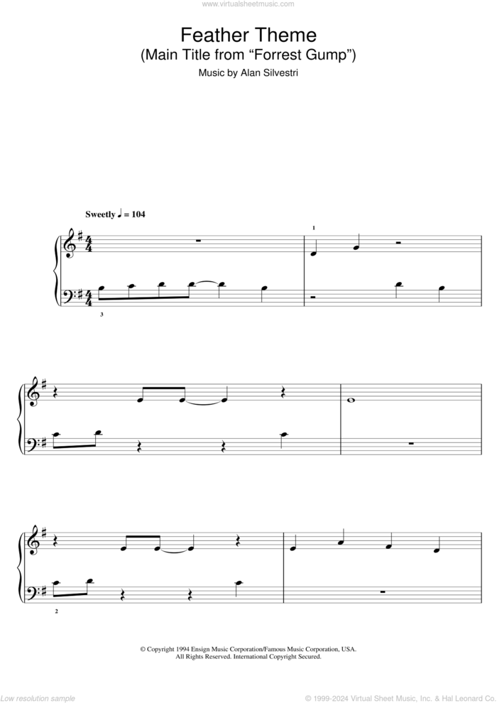 Forrest Gump - Main Title (Feather Theme) sheet music for piano solo (5-fingers) by Alan Silvestri, beginner piano (5-fingers)