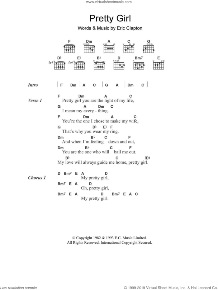 Pretty Girl sheet music for guitar (chords) by Eric Clapton, intermediate skill level