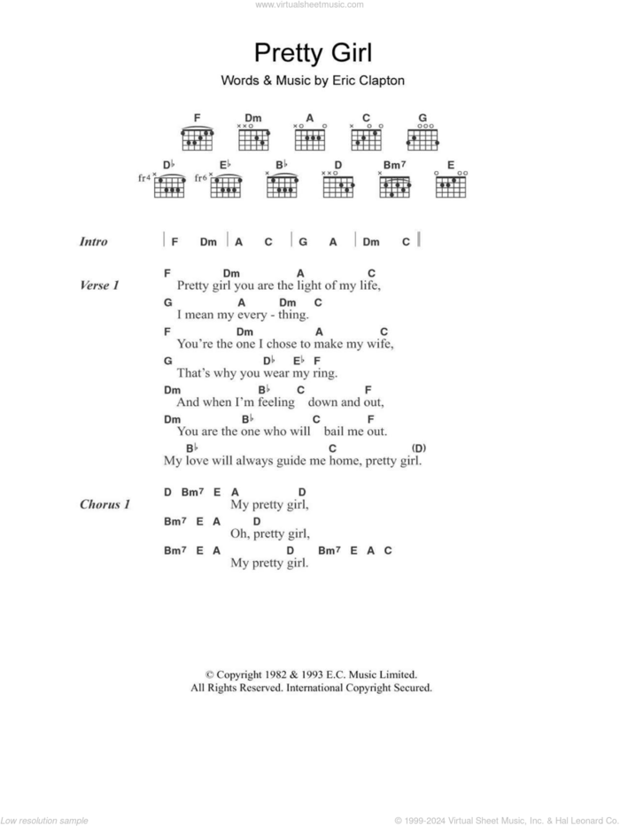 Pretty Girl sheet music for guitar (chords) by Eric Clapton, intermediate skill level