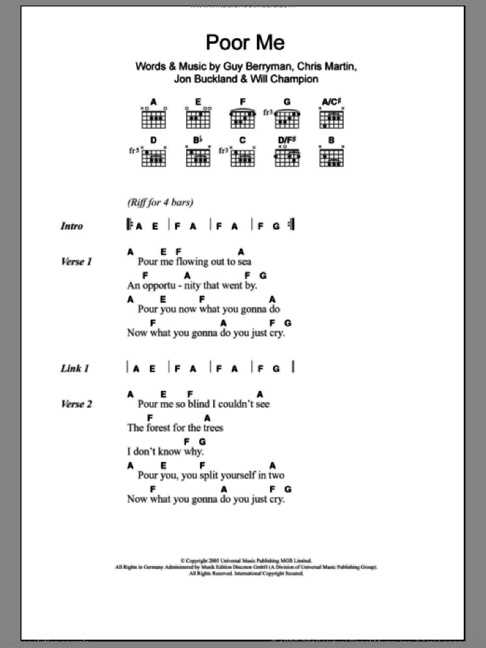 Poor Me sheet music for guitar (chords) by Coldplay, Chris Martin, Guy Berryman, Jon Buckland and Will Champion, intermediate skill level