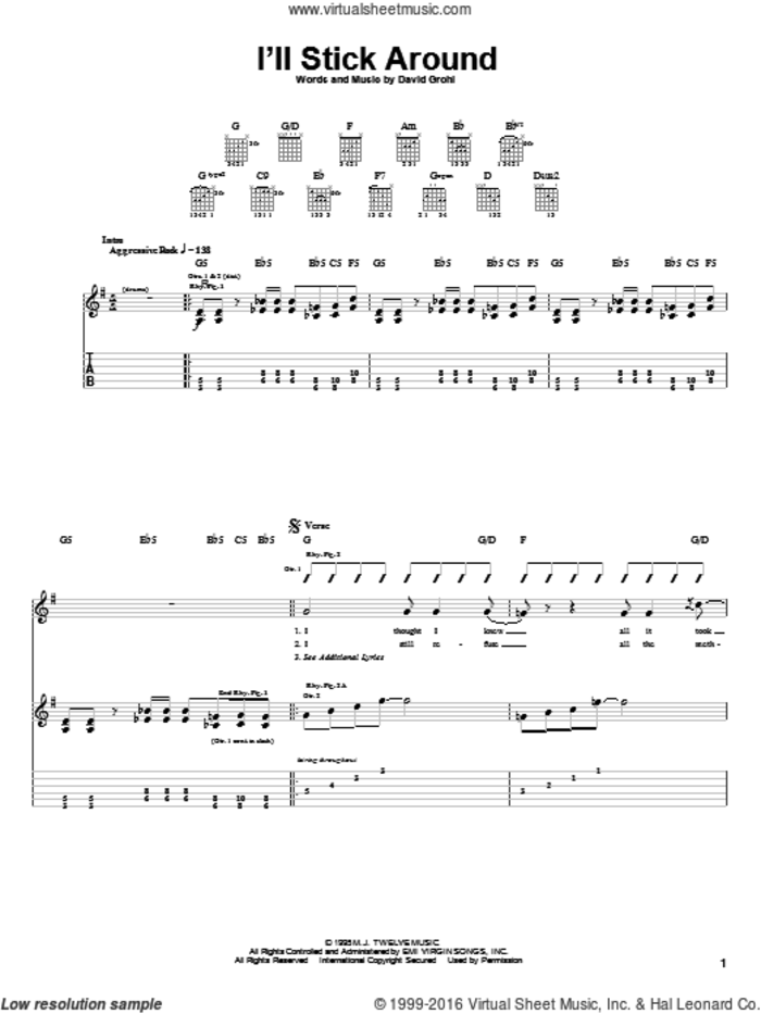 I'll Stick Around sheet music for guitar (tablature) by Foo Fighters and Dave Grohl, intermediate skill level