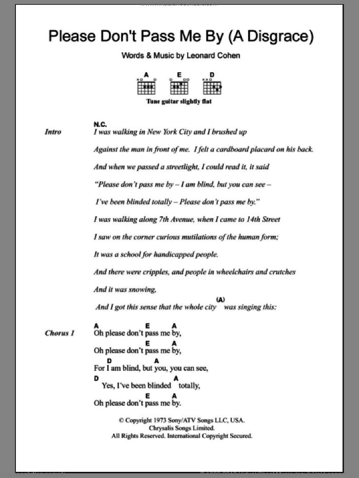 Please Don't Pass Me By (A Disgrace) sheet music for guitar (chords) by Leonard Cohen, intermediate skill level