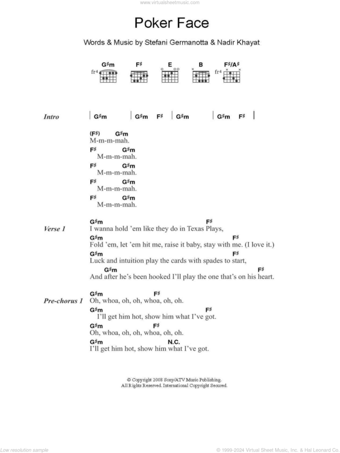 Poker Face sheet music for guitar (chords) by Lady GaGa and Nadir Khayat, intermediate skill level