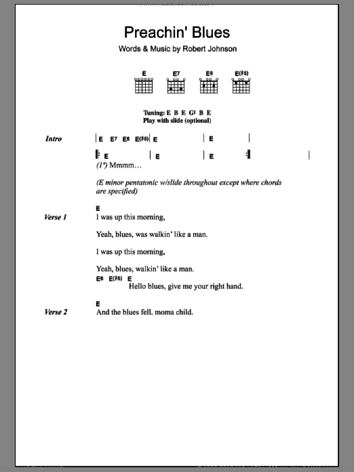 Preachin' Blues (Up Jumped The Devil) sheet music for guitar (chords) by Robert Johnson and Jeff Buckley, intermediate skill level