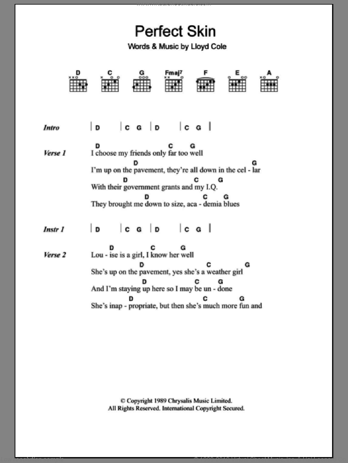 Perfect Skin sheet music for guitar (chords) by Lloyd Cole, intermediate skill level