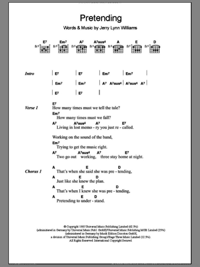 Pretending sheet music for guitar (chords) by Eric Clapton and Jerry Lynn Williams, intermediate skill level