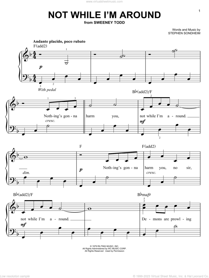 Not While I'm Around sheet music for piano solo by Stephen Sondheim and Sweeney Todd (Musical), easy skill level