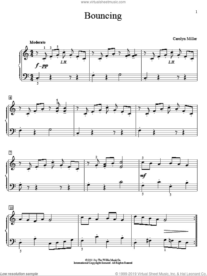 Bouncing sheet music for piano solo (elementary) by Carolyn Miller, beginner piano (elementary)