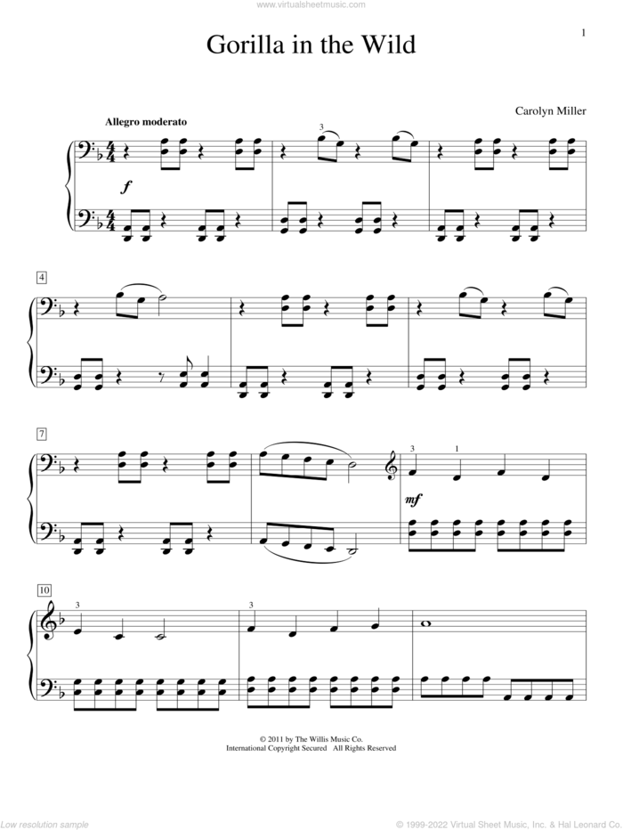 Gorilla In The Wild sheet music for piano solo (elementary) by Carolyn Miller, beginner piano (elementary)