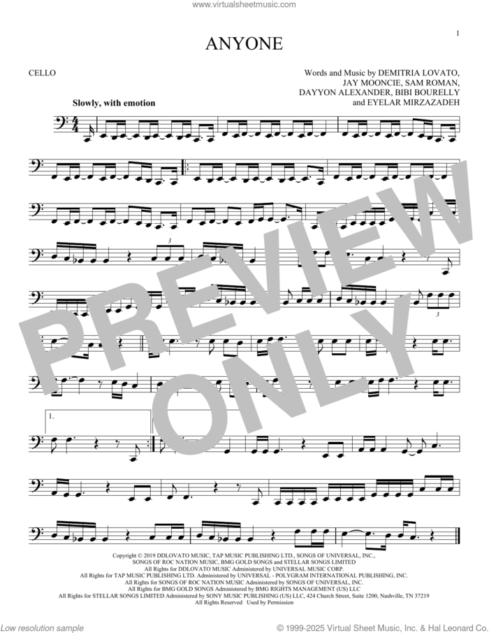 Anyone sheet music for cello solo by Demi Lovato, Bibi Bourelly, Dayyon Alexander, Demitria Lovato, Eyelar Mirzazadeh, Jay Mooncie and Sam Roman, intermediate skill level