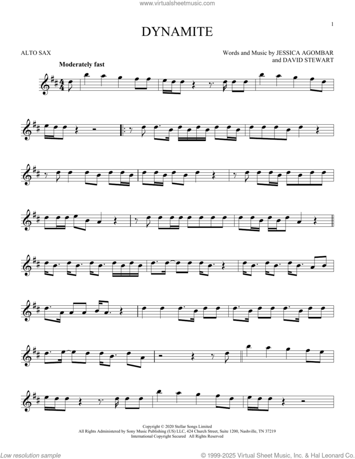 Dynamite sheet music for alto saxophone solo by BTS, Dave Stewart and Jessica Agombar, intermediate skill level