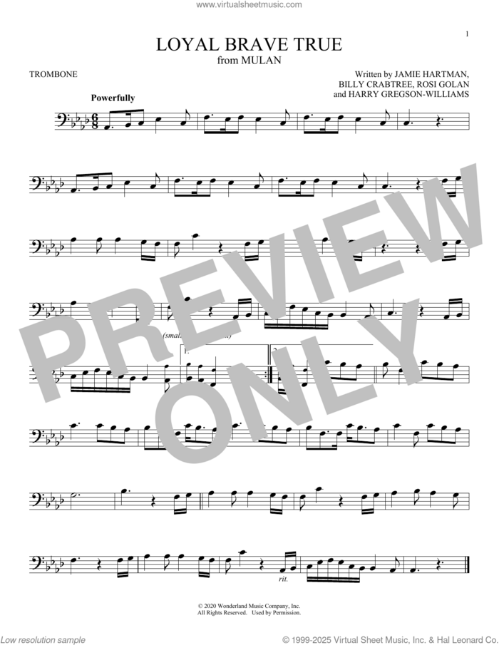 Loyal Brave True (from Mulan) sheet music for trombone solo by Christina Aguilera, Billy Crabtree, Harry Gregson-Williams, Jamie Hartman and Rosi Golan, intermediate skill level
