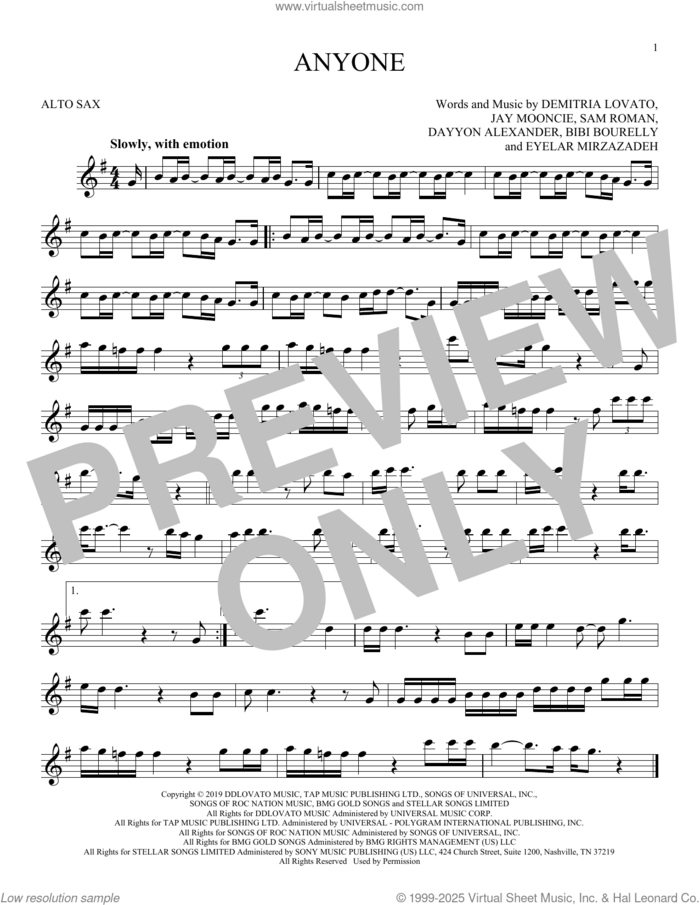 Anyone sheet music for alto saxophone solo by Demi Lovato, Bibi Bourelly, Dayyon Alexander, Demitria Lovato, Eyelar Mirzazadeh, Jay Mooncie and Sam Roman, intermediate skill level