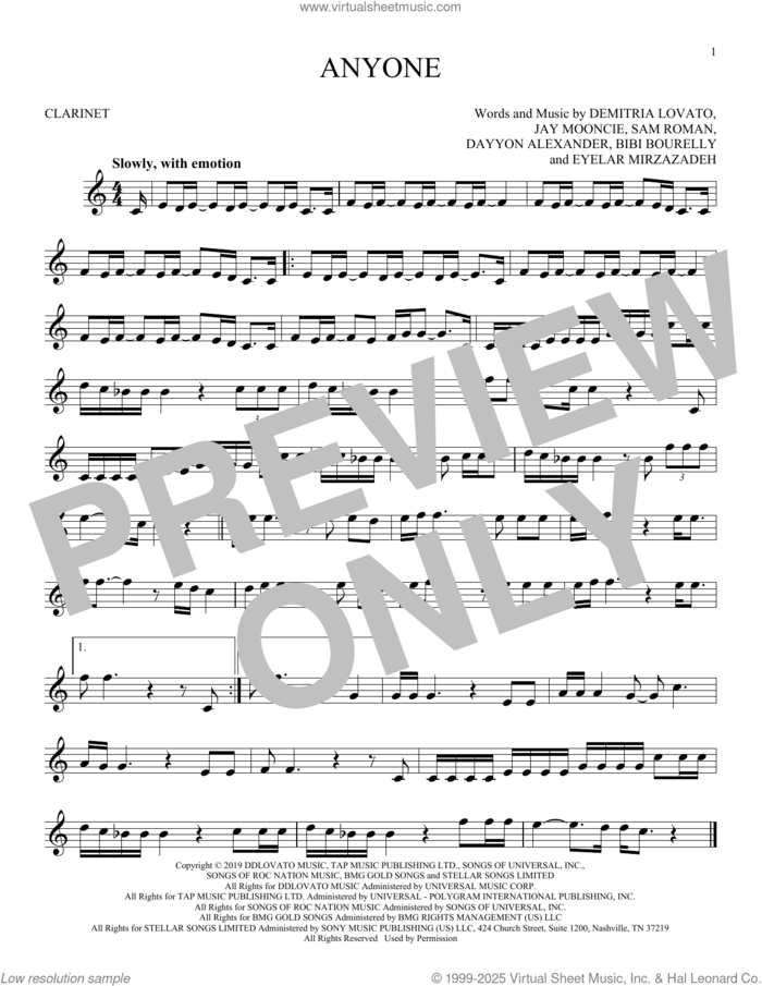 Anyone sheet music for clarinet solo by Demi Lovato, Bibi Bourelly, Dayyon Alexander, Demitria Lovato, Eyelar Mirzazadeh, Jay Mooncie and Sam Roman, intermediate skill level