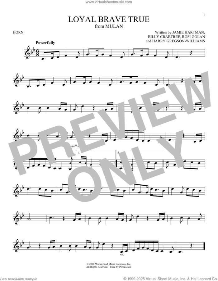 Loyal Brave True (from Mulan) sheet music for horn solo by Christina Aguilera, Billy Crabtree, Harry Gregson-Williams, Jamie Hartman and Rosi Golan, intermediate skill level