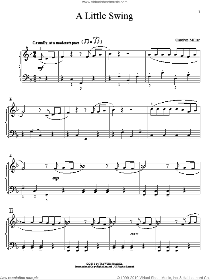 A Little Swing sheet music for piano solo (elementary) by Carolyn Miller, beginner piano (elementary)