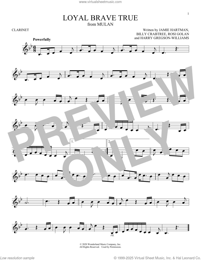 Loyal Brave True (from Mulan) sheet music for clarinet solo by Christina Aguilera, Billy Crabtree, Harry Gregson-Williams, Jamie Hartman and Rosi Golan, intermediate skill level