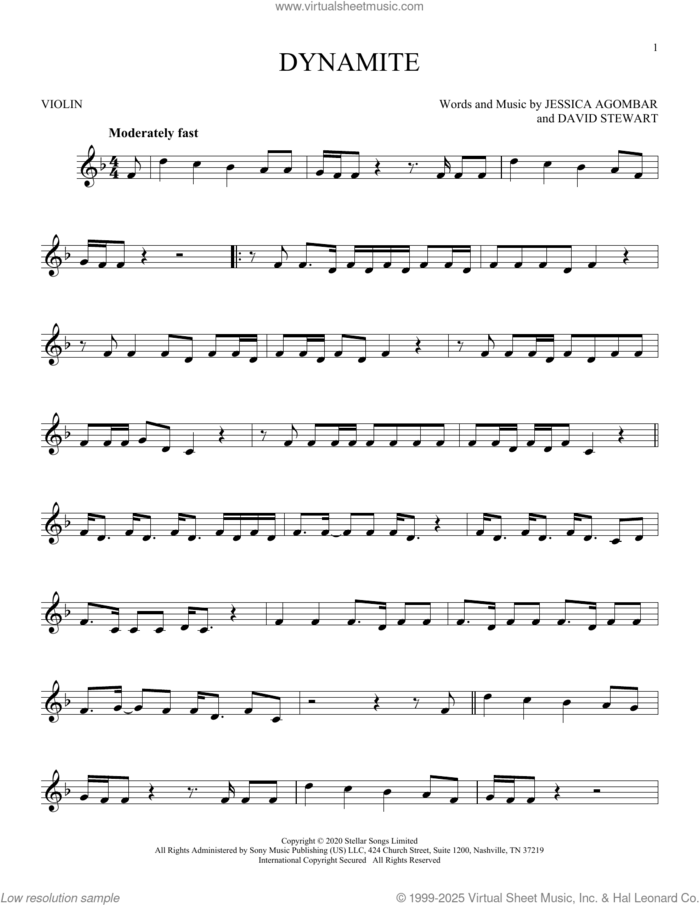 Dynamite sheet music for violin solo by BTS, Dave Stewart and Jessica Agombar, intermediate skill level