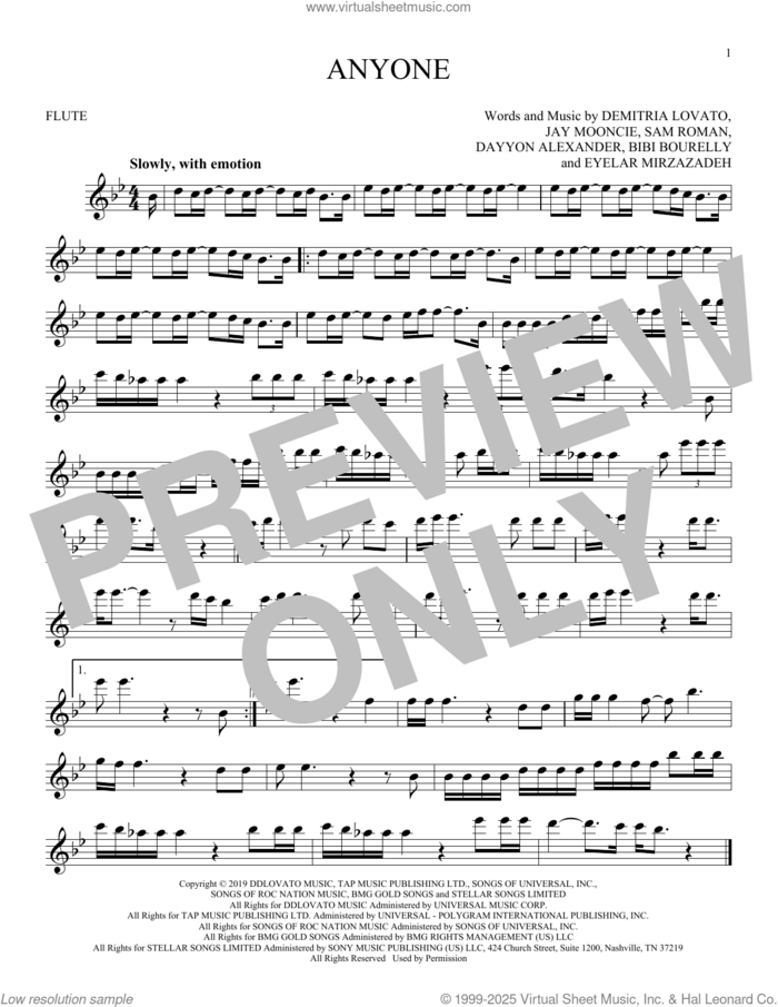 Anyone sheet music for flute solo by Demi Lovato, Bibi Bourelly, Dayyon Alexander, Demitria Lovato, Eyelar Mirzazadeh, Jay Mooncie and Sam Roman, intermediate skill level