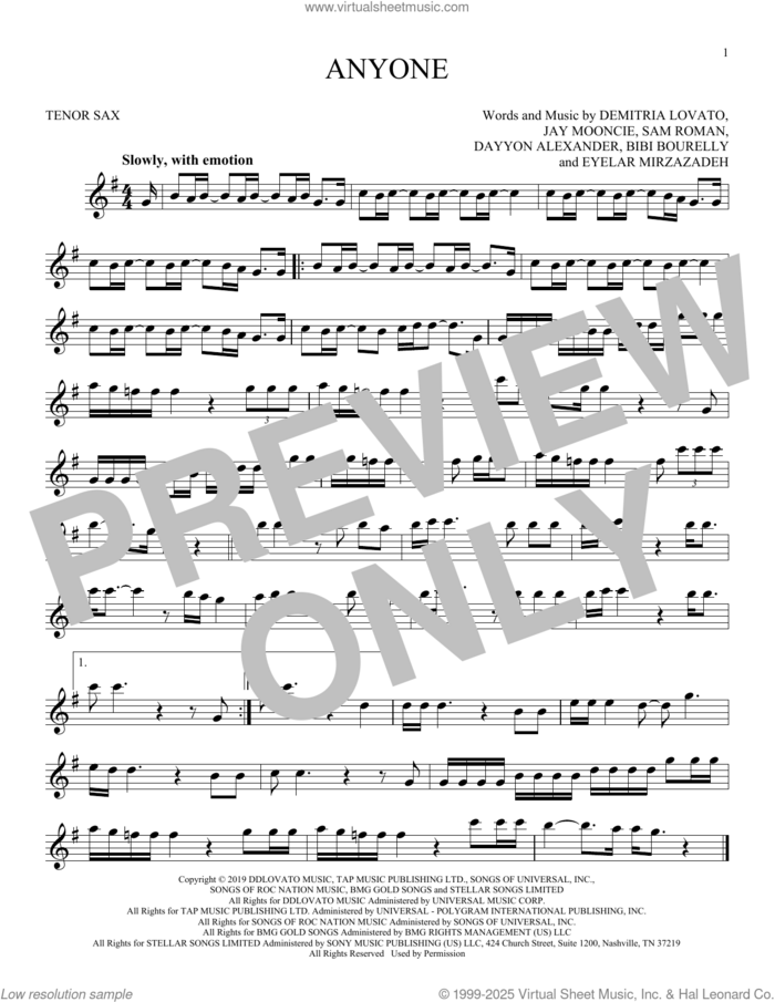 Anyone sheet music for tenor saxophone solo by Demi Lovato, Bibi Bourelly, Dayyon Alexander, Demitria Lovato, Eyelar Mirzazadeh, Jay Mooncie and Sam Roman, intermediate skill level