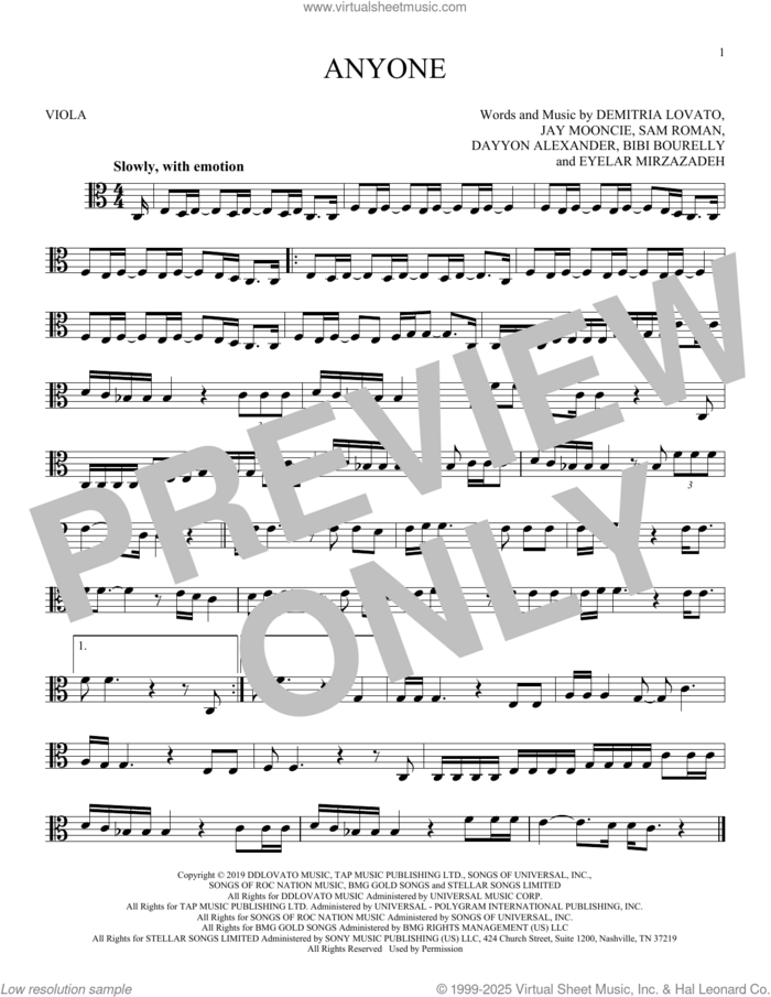 Anyone sheet music for viola solo by Demi Lovato, Bibi Bourelly, Dayyon Alexander, Demitria Lovato, Eyelar Mirzazadeh, Jay Mooncie and Sam Roman, intermediate skill level