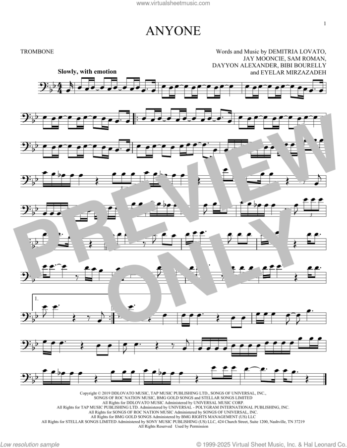 Anyone sheet music for trombone solo by Demi Lovato, Bibi Bourelly, Dayyon Alexander, Demitria Lovato, Eyelar Mirzazadeh, Jay Mooncie and Sam Roman, intermediate skill level
