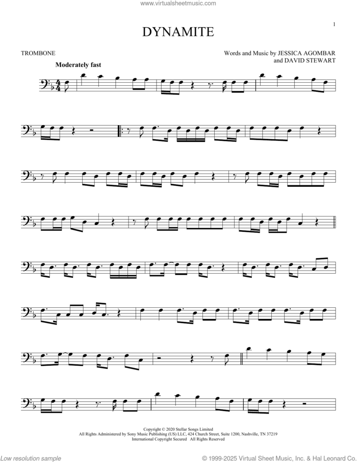 Dynamite sheet music for trombone solo by BTS, Dave Stewart and Jessica Agombar, intermediate skill level