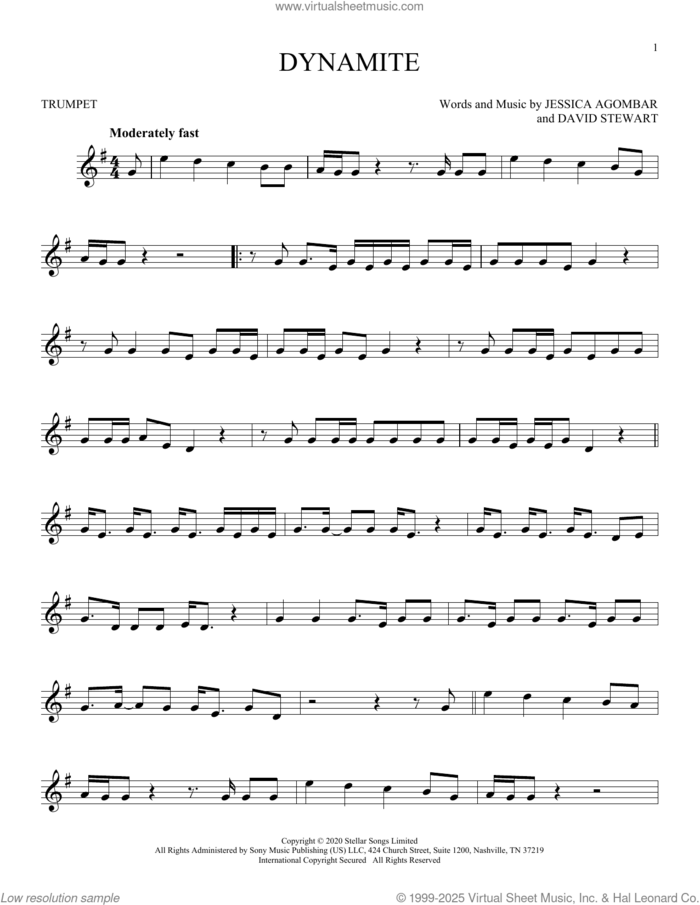 Dynamite sheet music for trumpet solo by BTS, Dave Stewart and Jessica Agombar, intermediate skill level