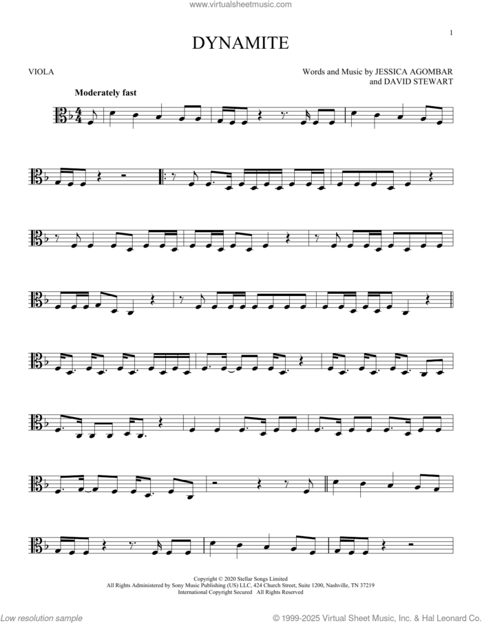 Dynamite sheet music for viola solo by BTS, Dave Stewart and Jessica Agombar, intermediate skill level