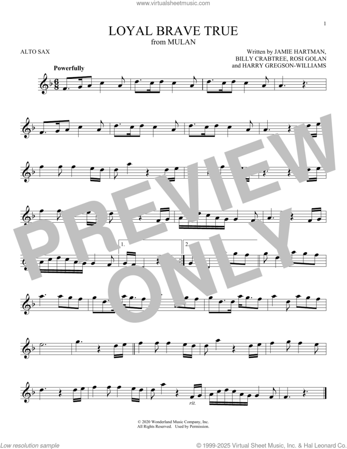 Loyal Brave True (from Mulan) sheet music for alto saxophone solo by Christina Aguilera, Billy Crabtree, Harry Gregson-Williams, Jamie Hartman and Rosi Golan, intermediate skill level