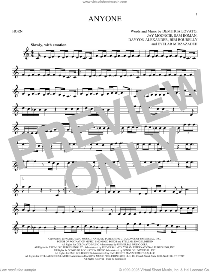 Anyone sheet music for horn solo by Demi Lovato, Bibi Bourelly, Dayyon Alexander, Demitria Lovato, Eyelar Mirzazadeh, Jay Mooncie and Sam Roman, intermediate skill level