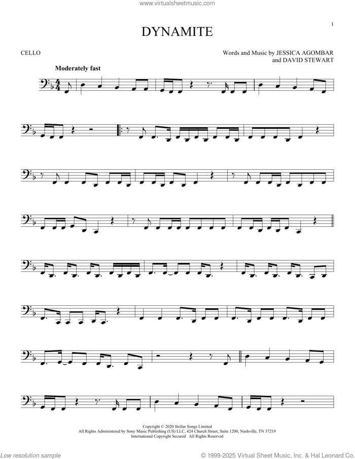Dynamite sheet music for cello solo by BTS, Dave Stewart and Jessica Agombar, intermediate skill level