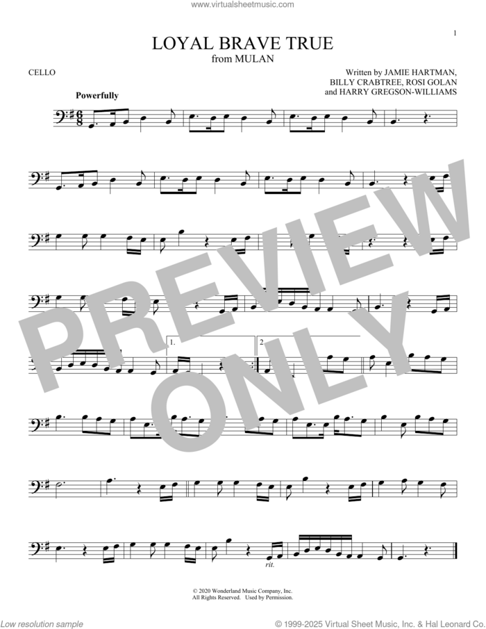 Loyal Brave True (from Mulan) sheet music for cello solo by Christina Aguilera, Billy Crabtree, Harry Gregson-Williams, Jamie Hartman and Rosi Golan, intermediate skill level
