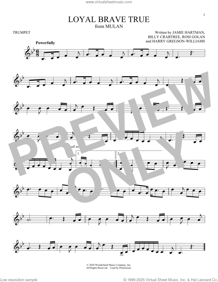 Loyal Brave True (from Mulan) sheet music for trumpet solo by Christina Aguilera, Billy Crabtree, Harry Gregson-Williams, Jamie Hartman and Rosi Golan, intermediate skill level