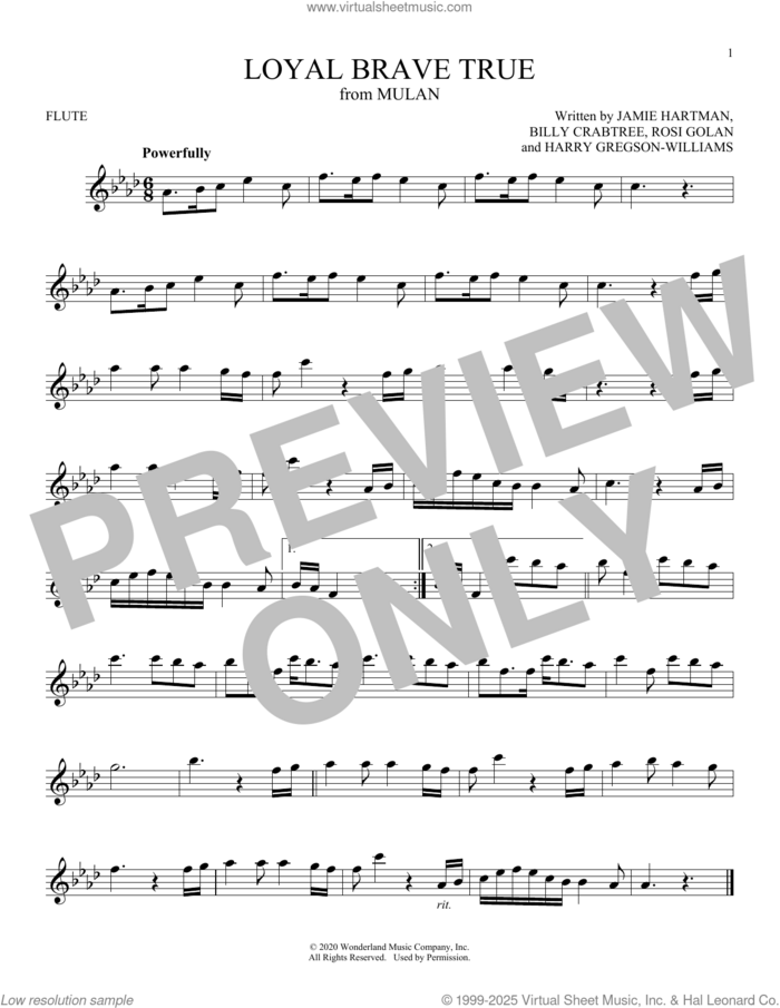 Loyal Brave True (from Mulan) sheet music for flute solo by Christina Aguilera, Billy Crabtree, Harry Gregson-Williams, Jamie Hartman and Rosi Golan, intermediate skill level