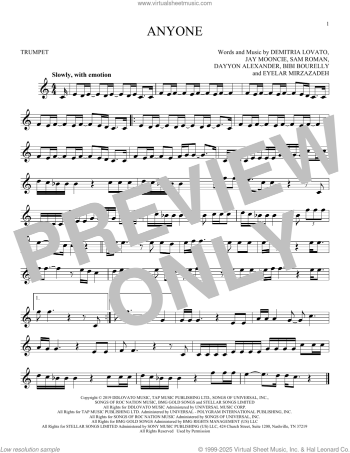 Anyone sheet music for trumpet solo by Demi Lovato, Bibi Bourelly, Dayyon Alexander, Demitria Lovato, Eyelar Mirzazadeh, Jay Mooncie and Sam Roman, intermediate skill level